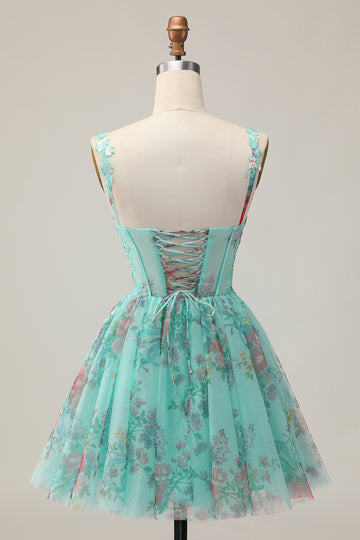 Green Corset A-Line Floral Short Homecoming Dress with Lace Up Back